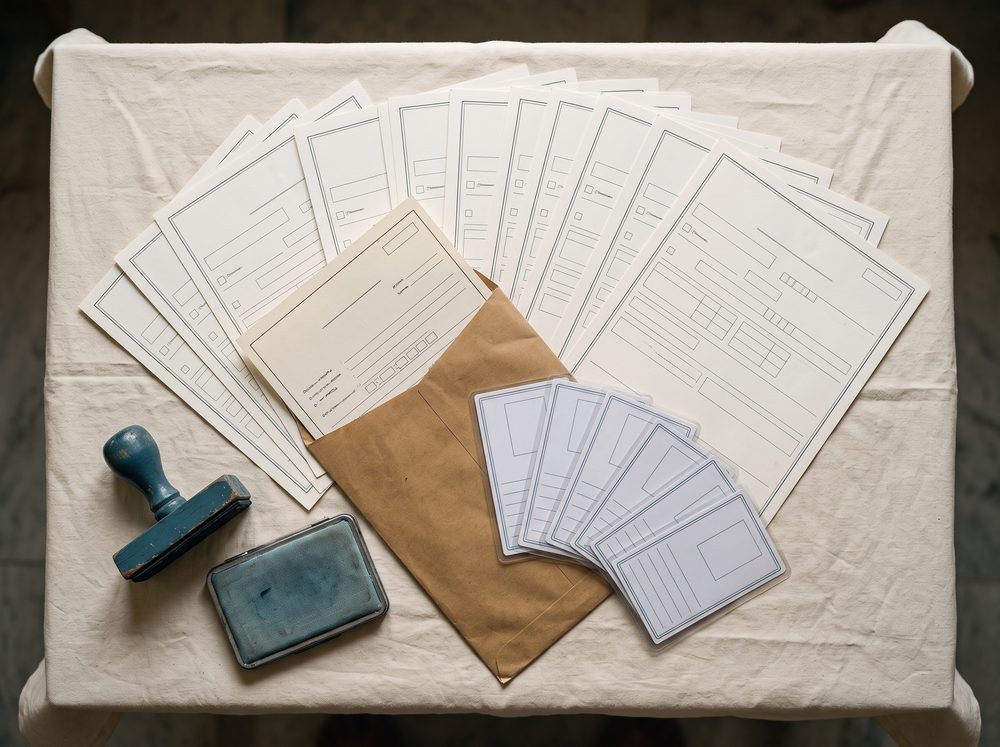 Certificates and card-sized documents laid out on a cloth-covered table beside a rubber stamp.