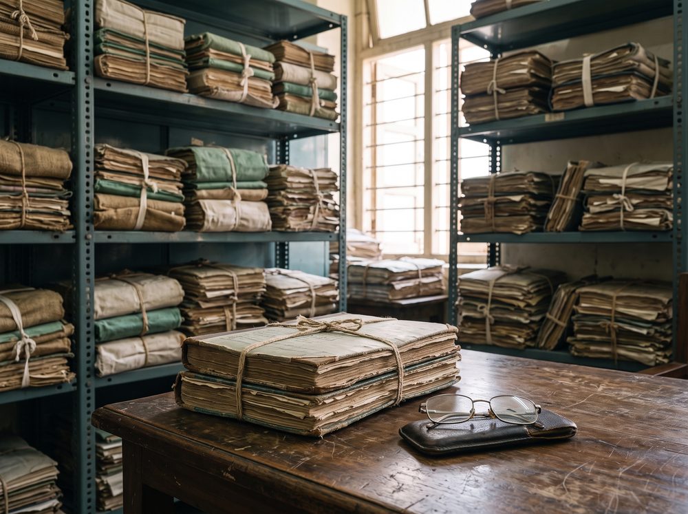 Cloth-tied bundles of office files stacked on shelving in a records room.
