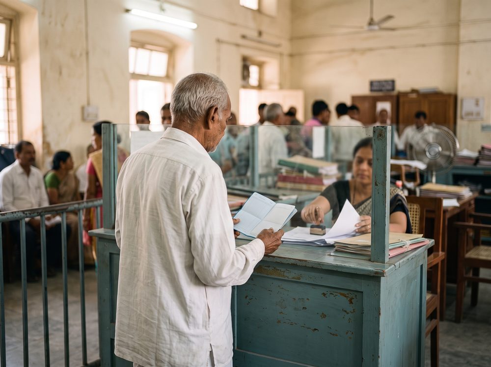 An elderly man at a bank counter holding an open savings passbook.