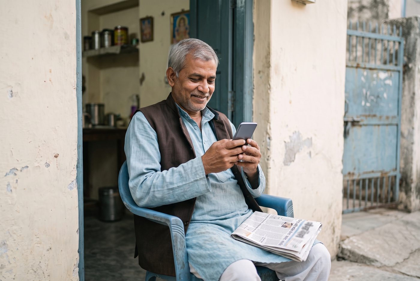 An older man sitting in a doorway reads something on his phone.